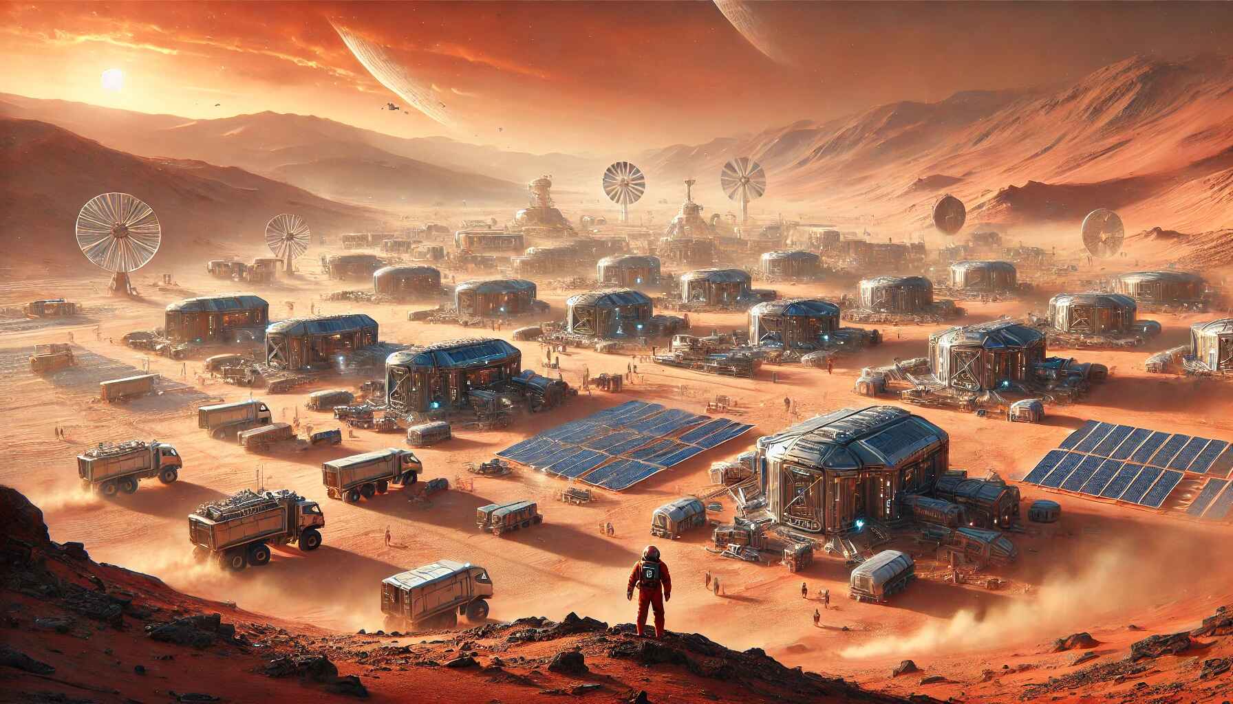 An image of a vast desert landscape on a distant planet with a thriving futuristic colony