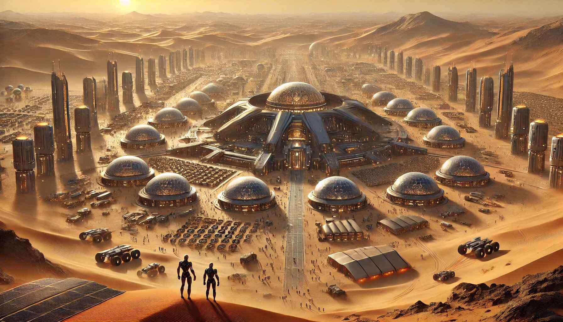 a vast desert landscape with a thriving futuristic colony, complete with a central senate house and bustling activity. In the foreground, two robots observe the scene from afar