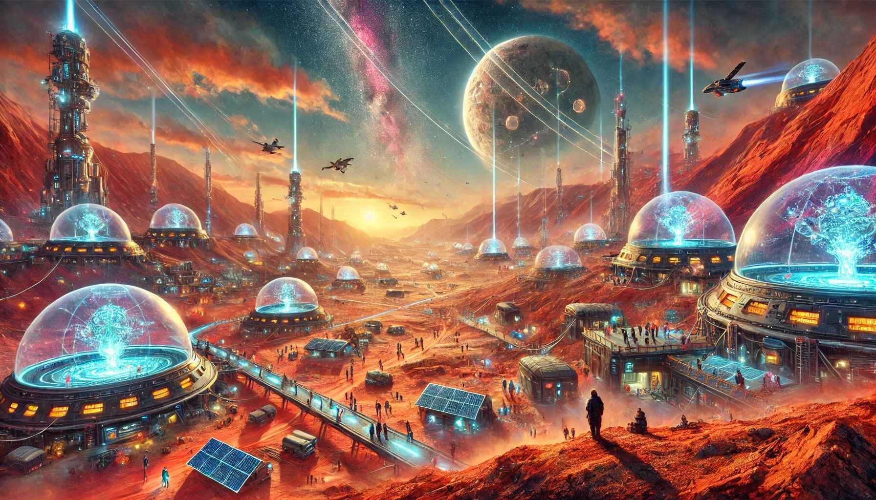 A vast desert landscape with a large, organized encampment of futuristic structures and vehicles, resembling a colony setup