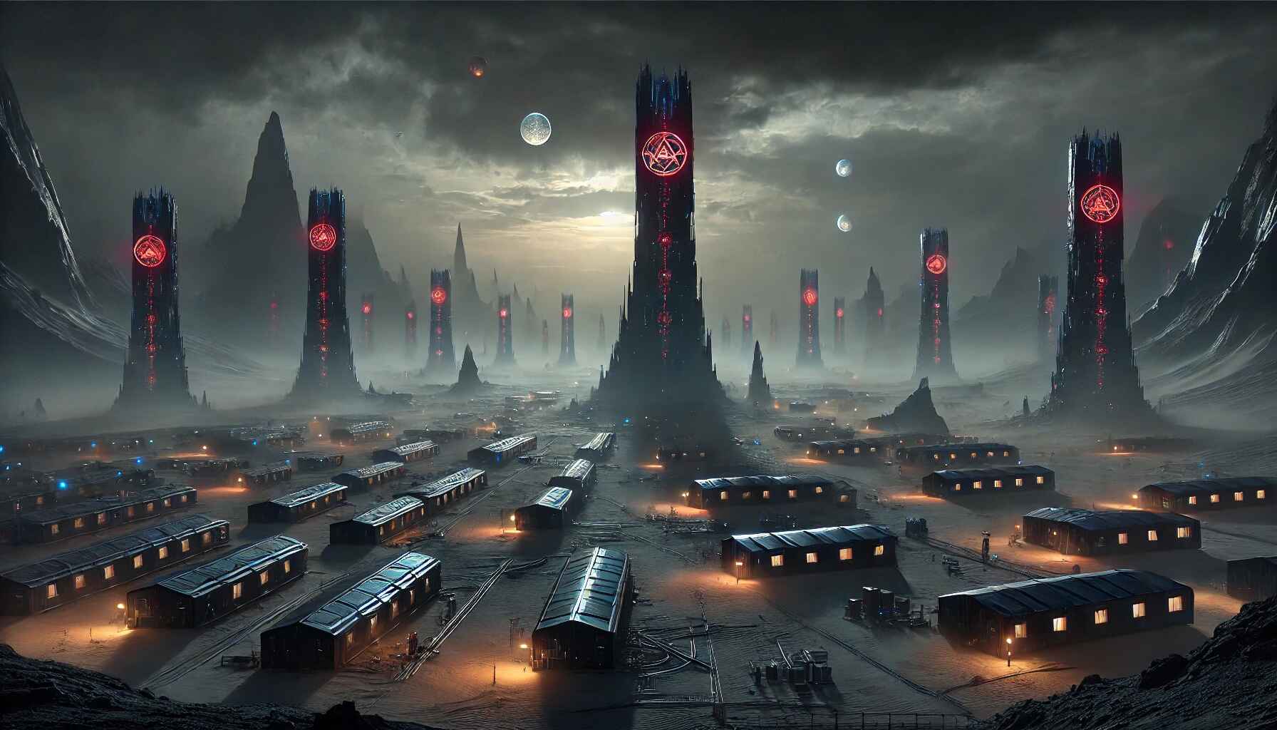 A vast desert landscape with a large, organized encampment of futuristic structures and vehicles, resembling a colony setup