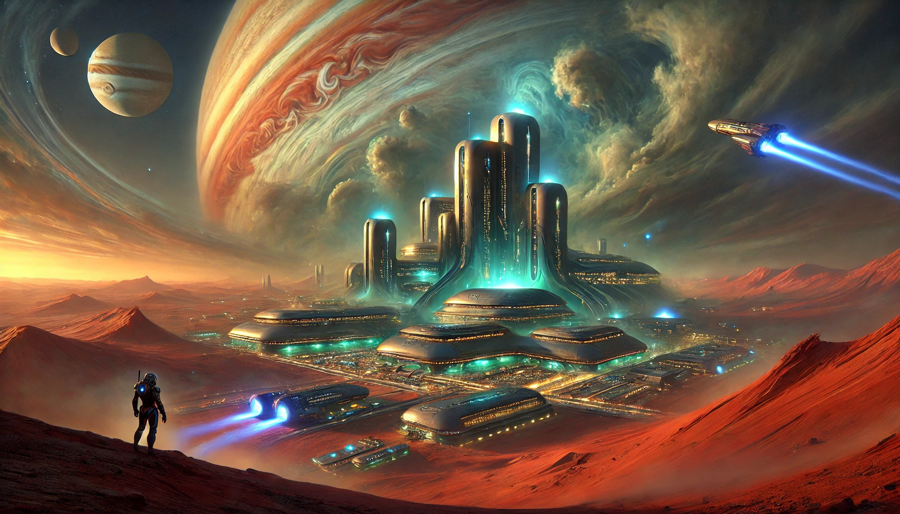a mysterious and bustling desert colony on Jupiter