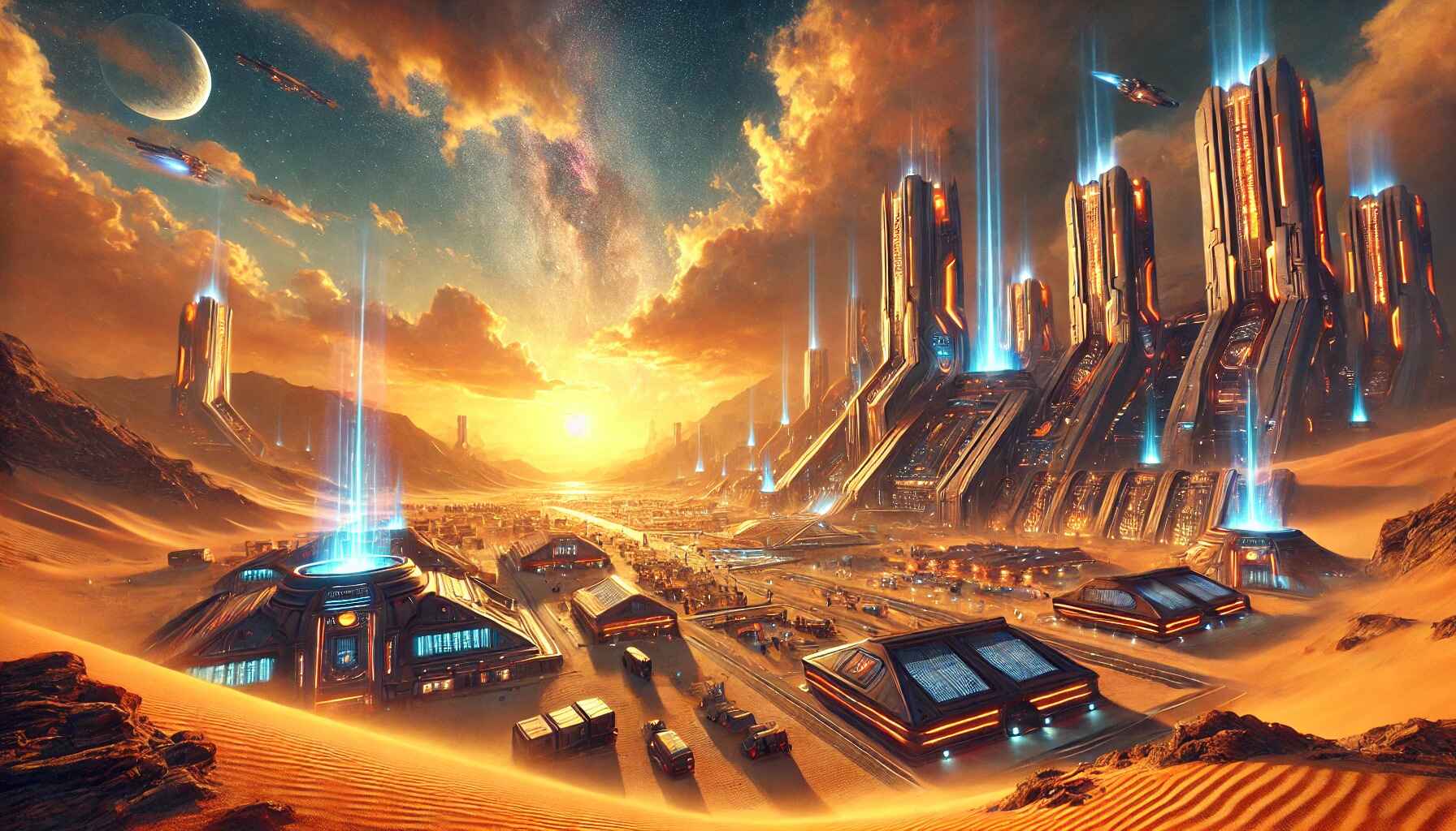 A cinematic, superhero-movie-style background, featuring a dramatic desert colony with advanced structures and a vibrant atmosphere