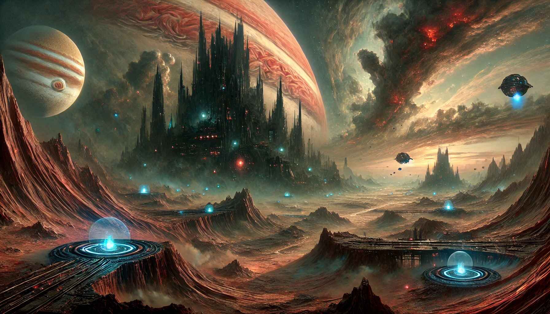 A vast desert landscape with large organized futuristic structures resembling a colony setup