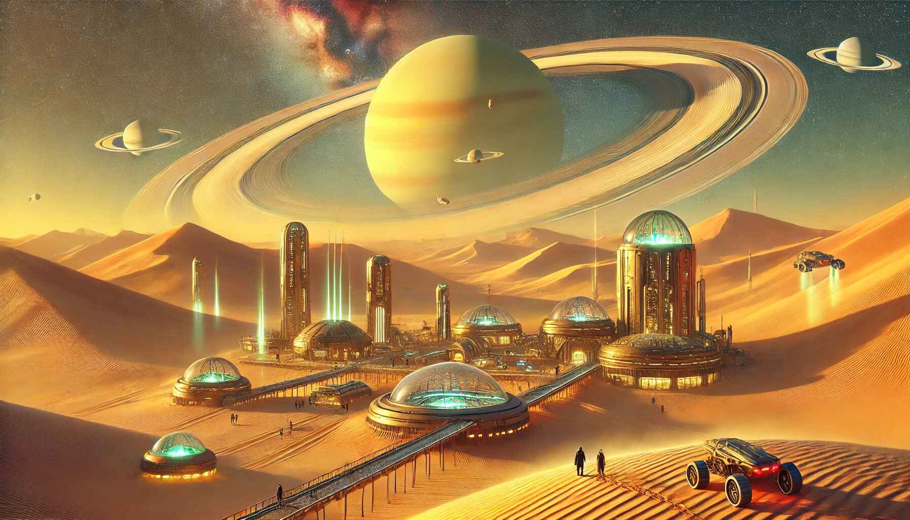 A vast desert landscape with a large, organized encampment of futuristic structures and vehicles, resembling a colony setup