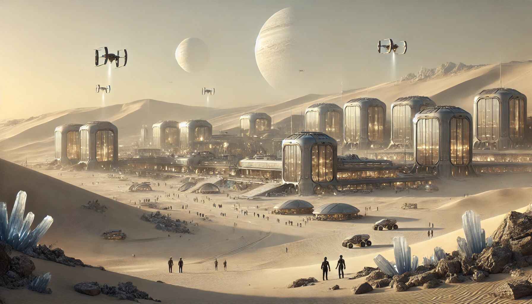 A vast desert landscape with a large, organized encampment of futuristic structures and vehicles, resembling a colony setup