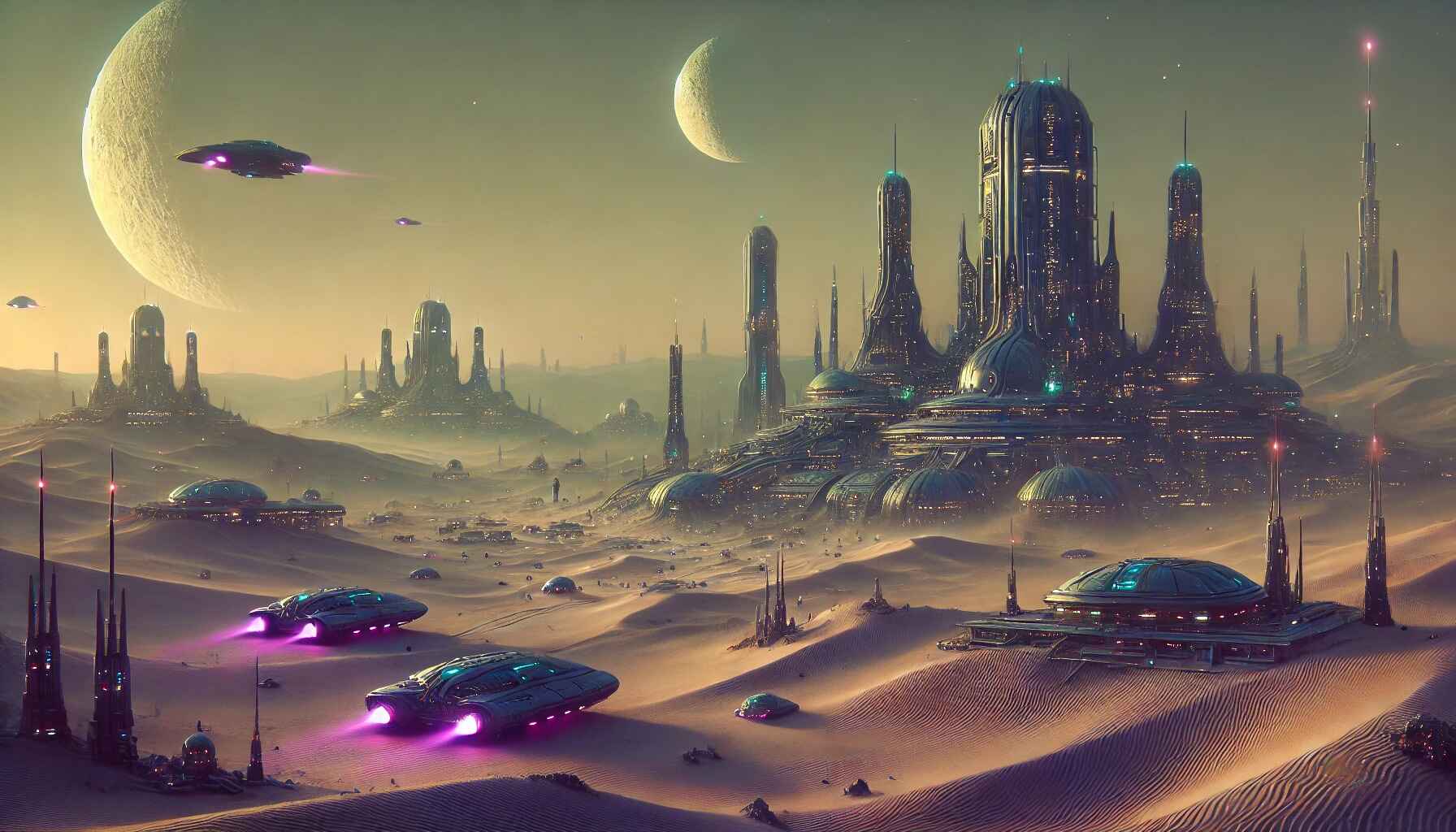 A vast desert landscape with large organized futuristic structures resembling a colony setup