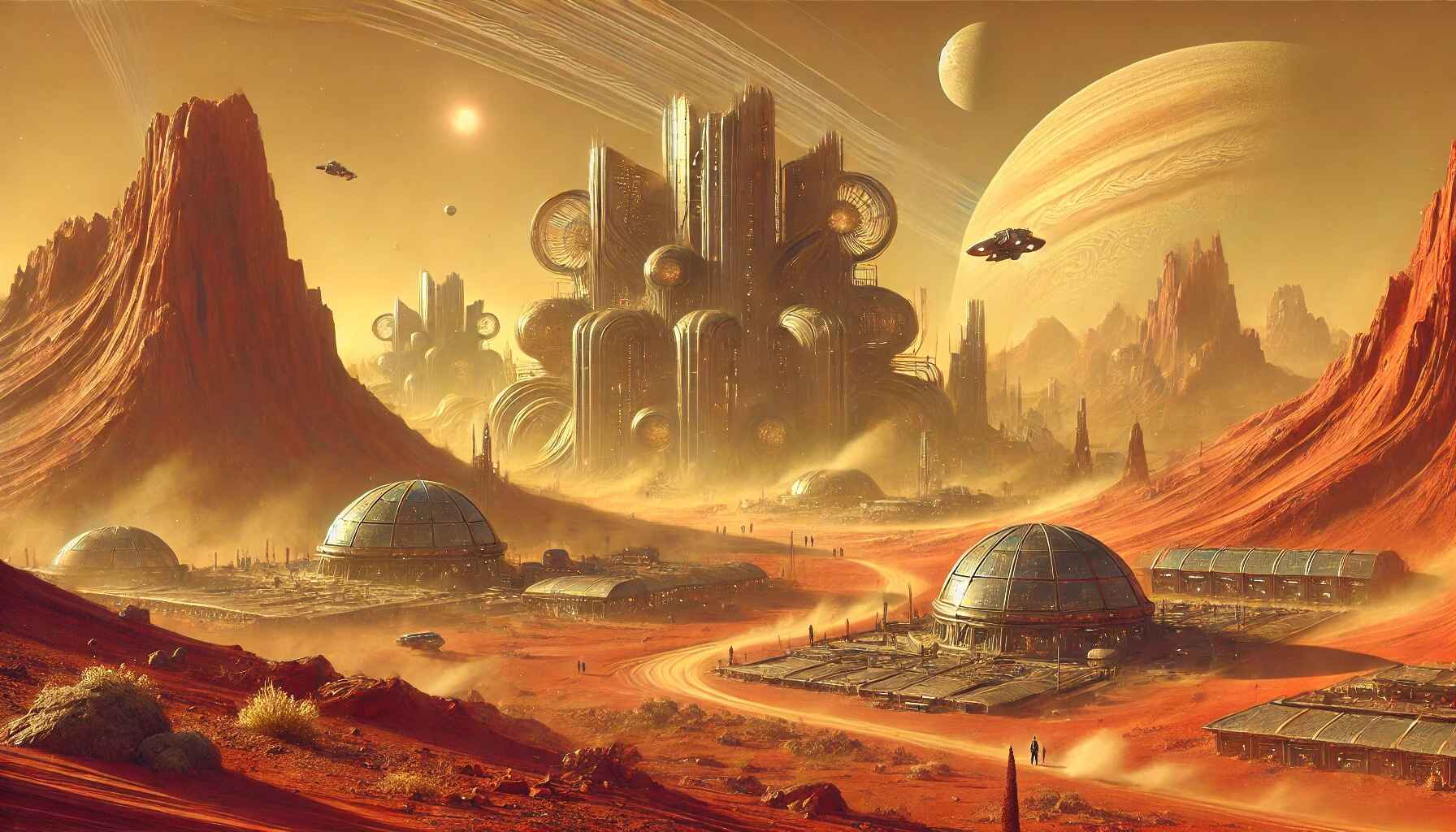 A vast desert landscape with a large, organized encampment of futuristic structures and vehicles, resembling a colony setup