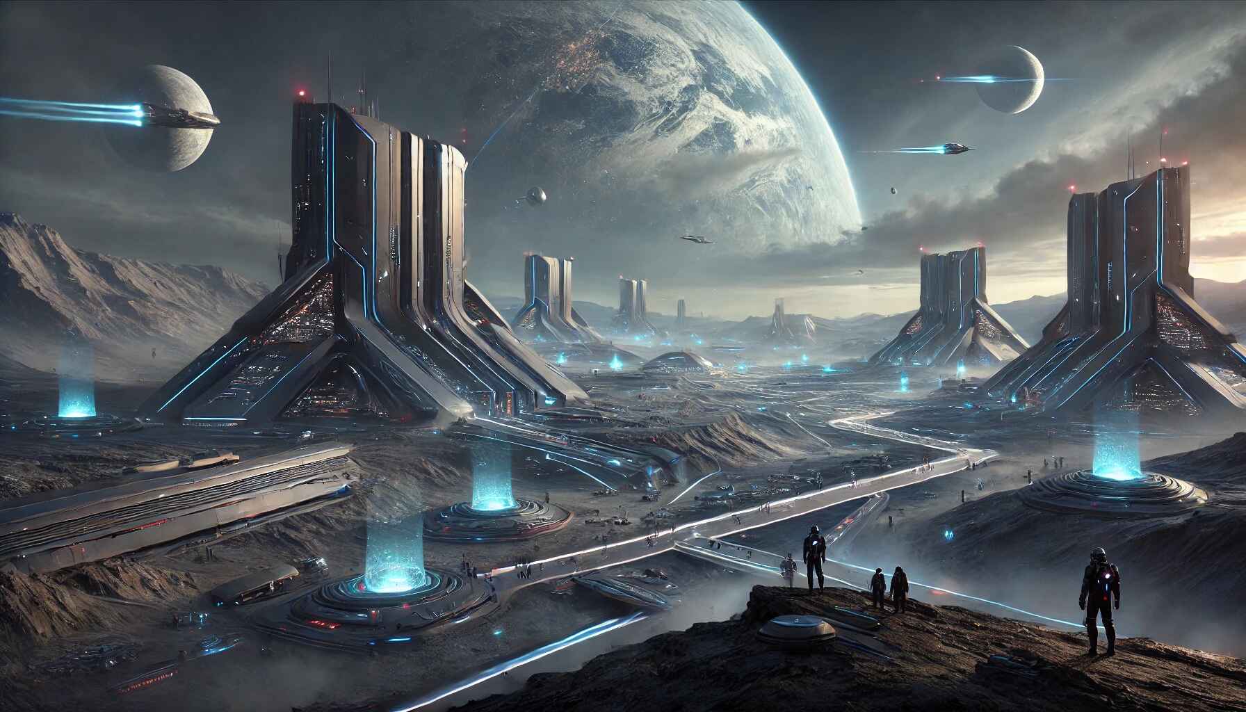 A vast desert landscape with a large, organized encampment of futuristic structures and vehicles, resembling a colony setup