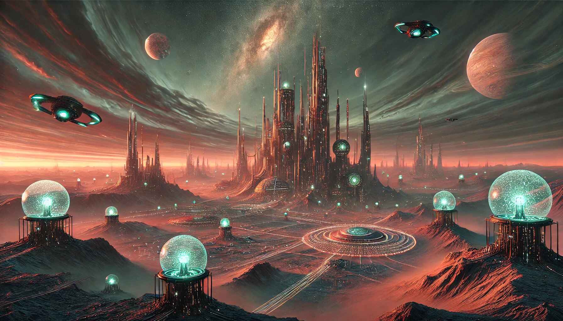 A vast desert landscape with a large, organized encampment of futuristic structures and vehicles, resembling a colony setup
