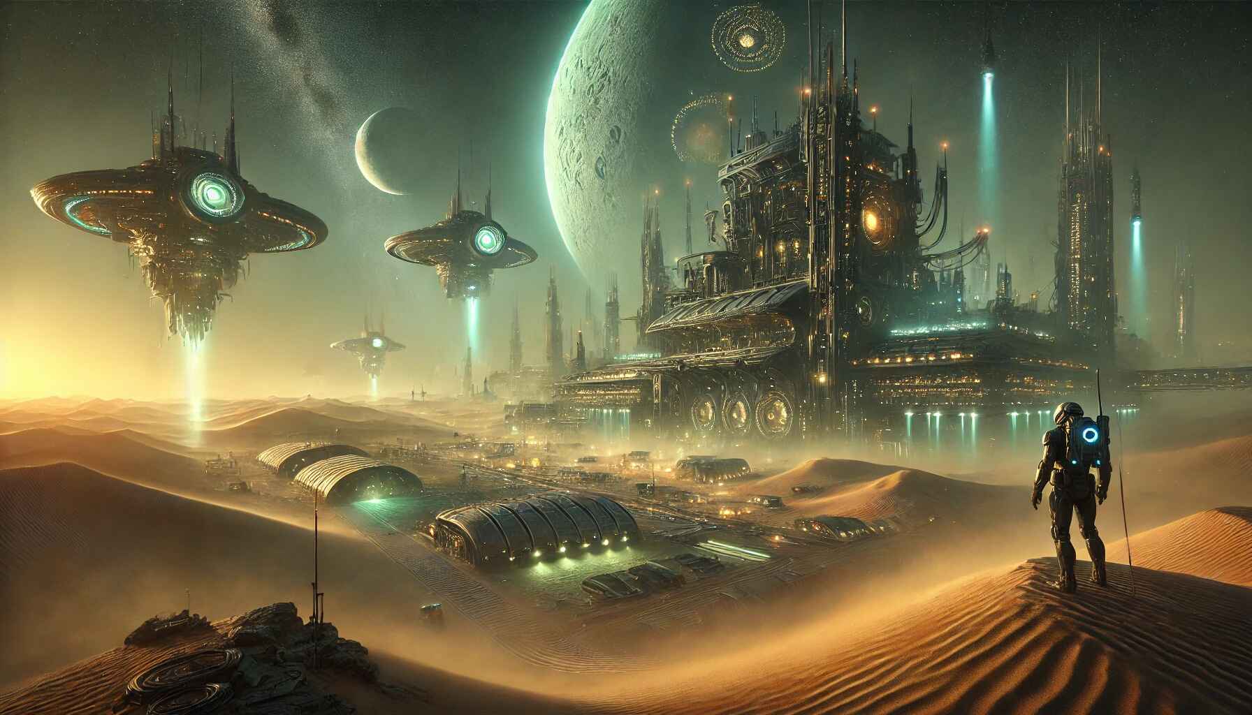 A mysterious desert landscape on an alien planet, featuring a futuristic colony