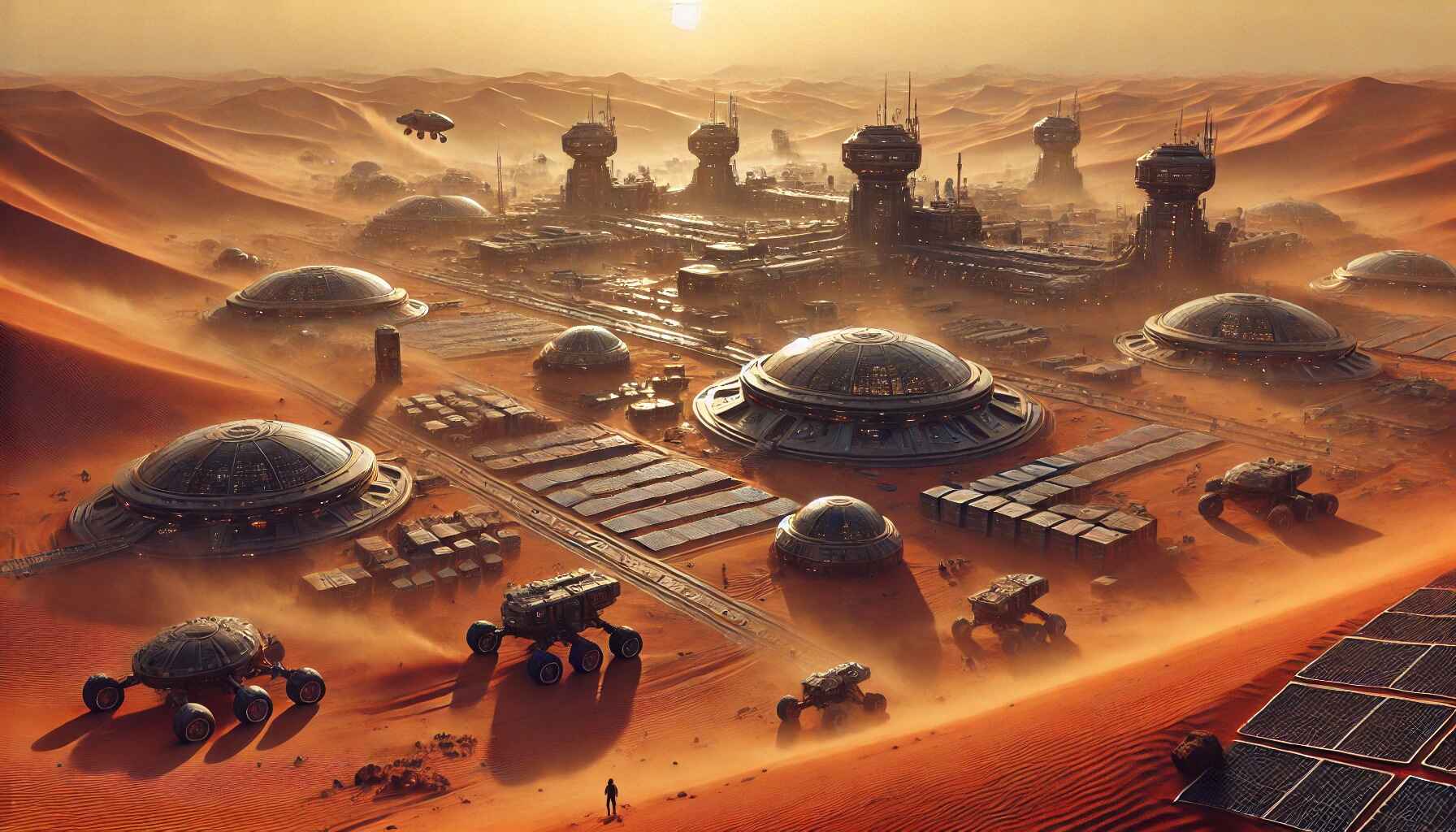 A vast desert landscape with large organized futuristic structures resembling a colony setup