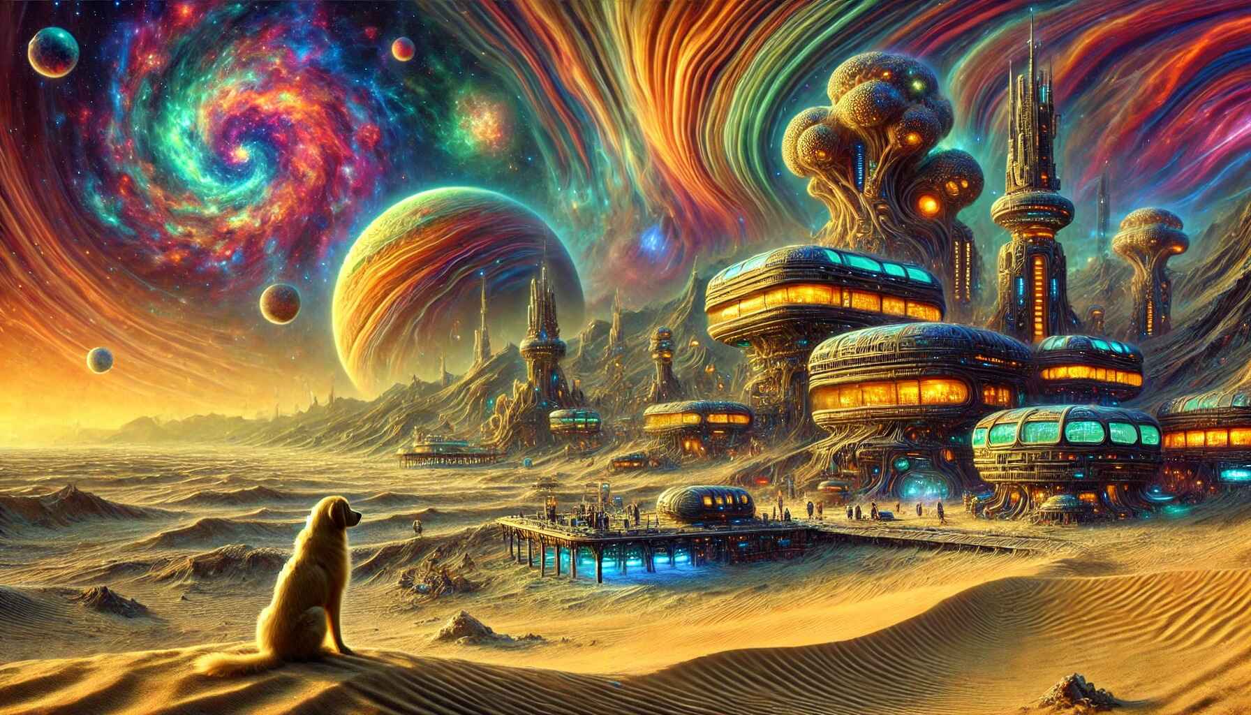 A vast desert landscape with a large, organized encampment of futuristic structures and vehicles, resembling a colony setup