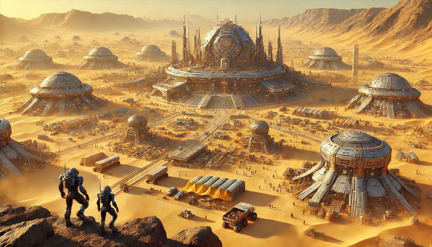 A vast desert landscape with a large, organized encampment of futuristic structures and vehicles, resembling a colony setup