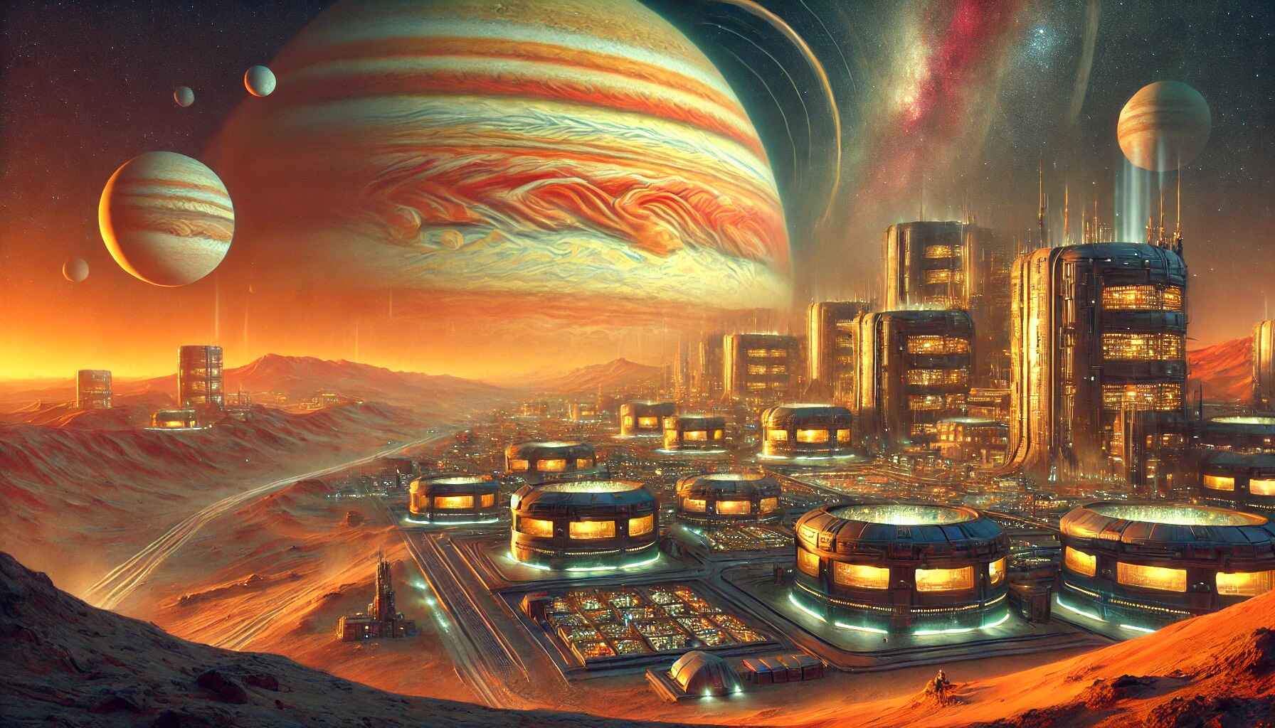 Futuristic cityscape with advanced technology infrastructure and neon lights in a desert setting at dusk