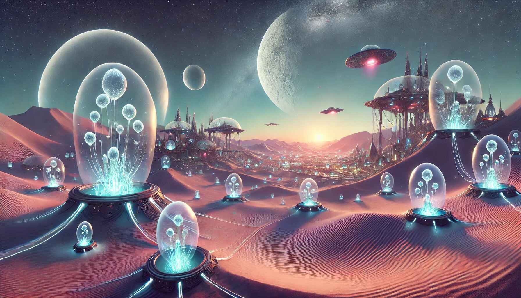 A vast desert landscape with a large, organized encampment of futuristic structures and vehicles, resembling a colony setup