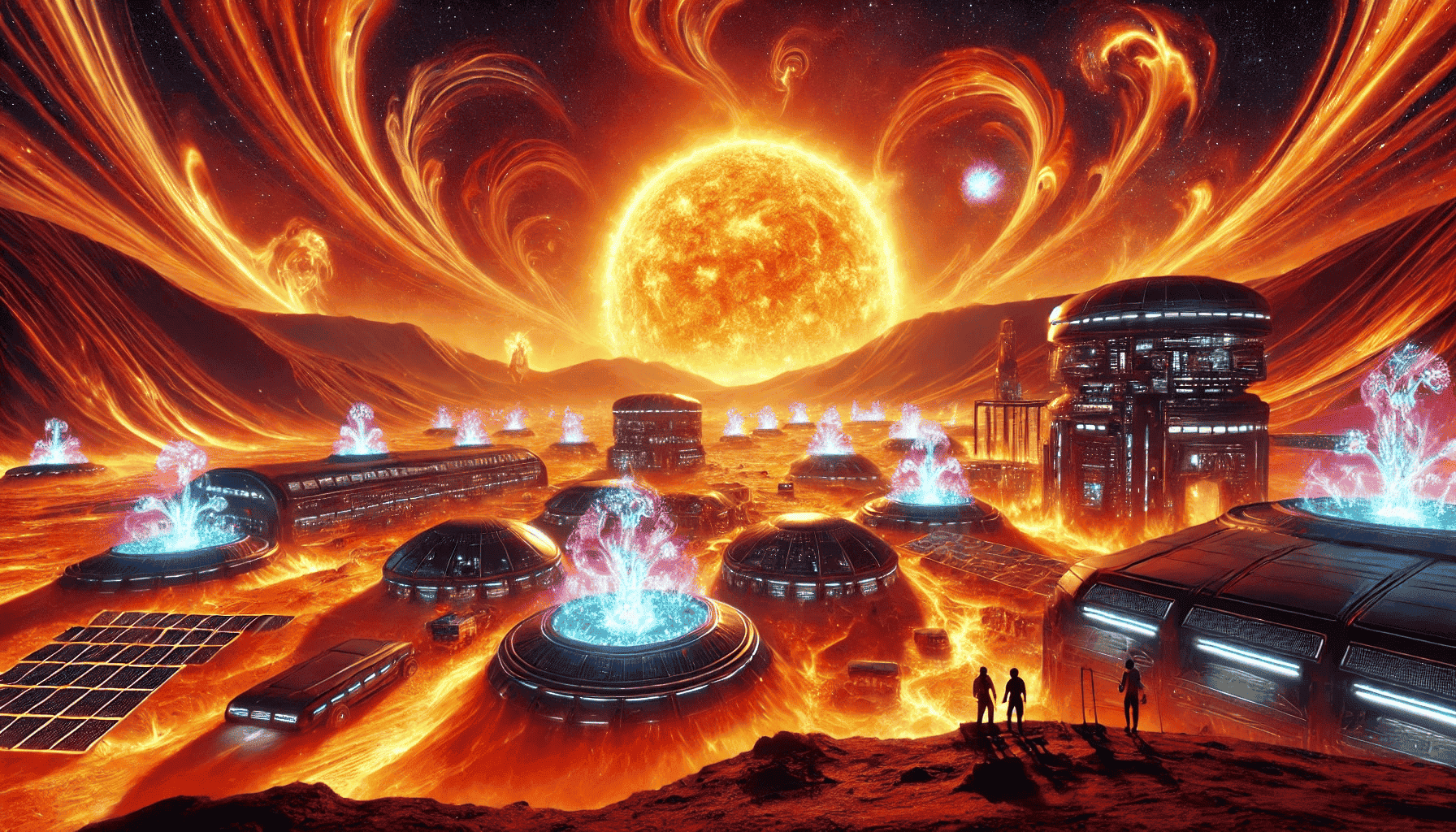 A vast desert landscape with large organized futuristic structures resembling a colony setup