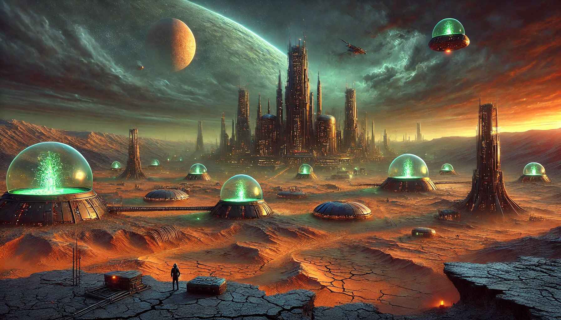 A vast desert landscape with large organized futuristic structures resembling a colony setup
