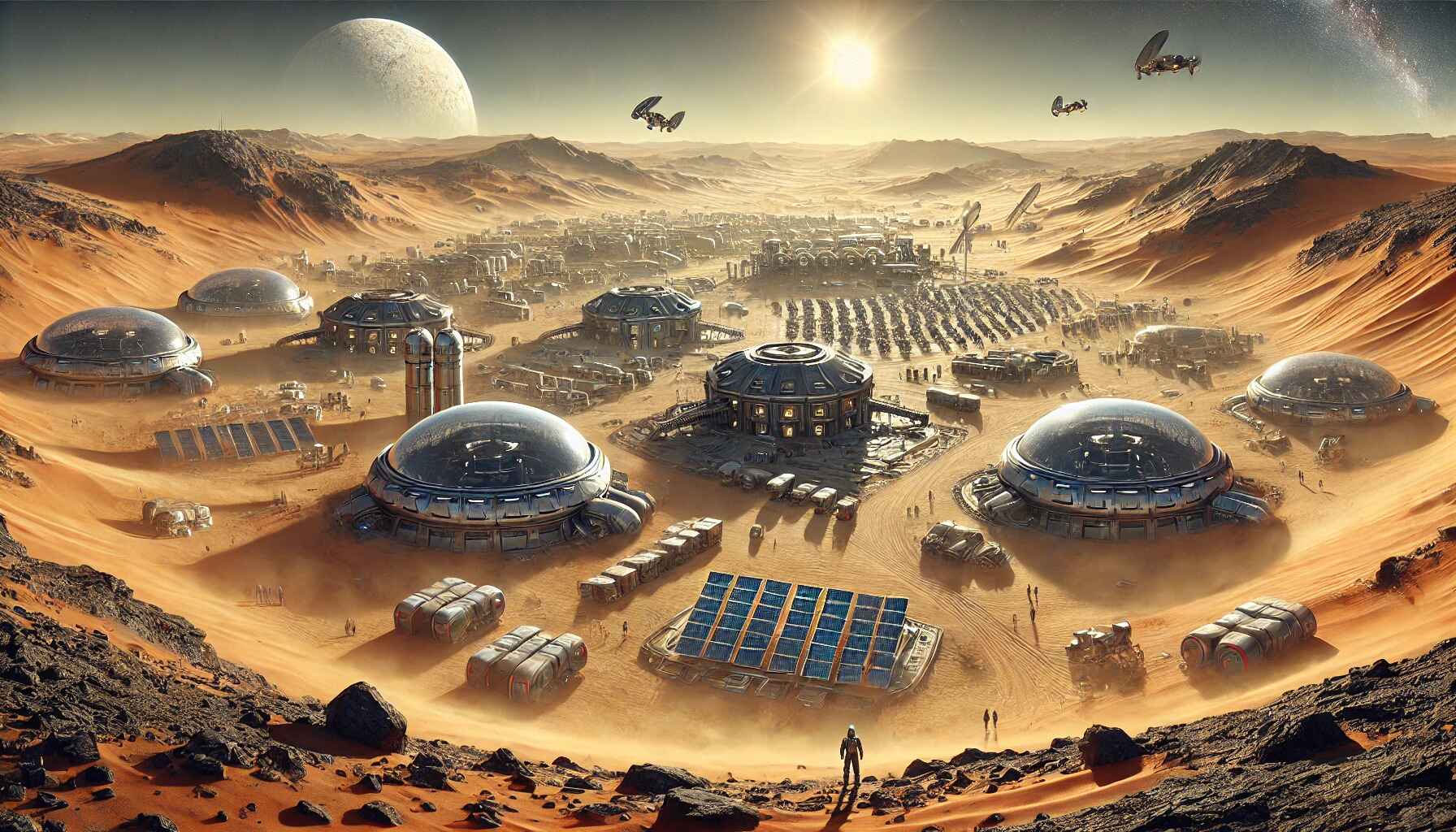 A vast desert landscape with a large, organized encampment of futuristic structures and vehicles, resembling a colony setup