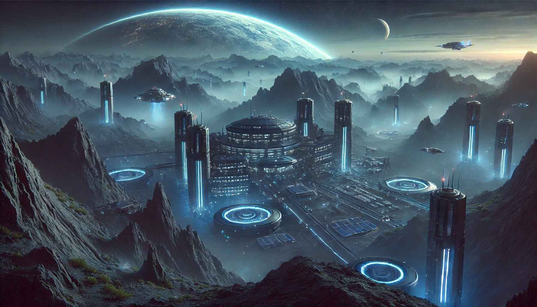 Futuristic cityscape with advanced technology infrastructure and lights in a desert setting
