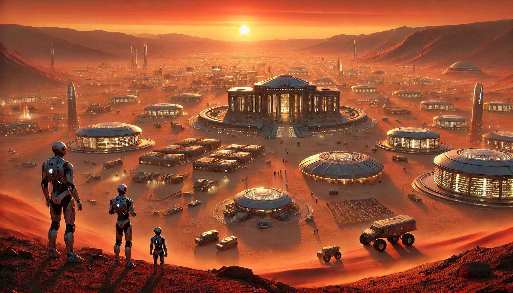 A vast desert landscape with a large, organized encampment of futuristic structures and vehicles, resembling a colony setup