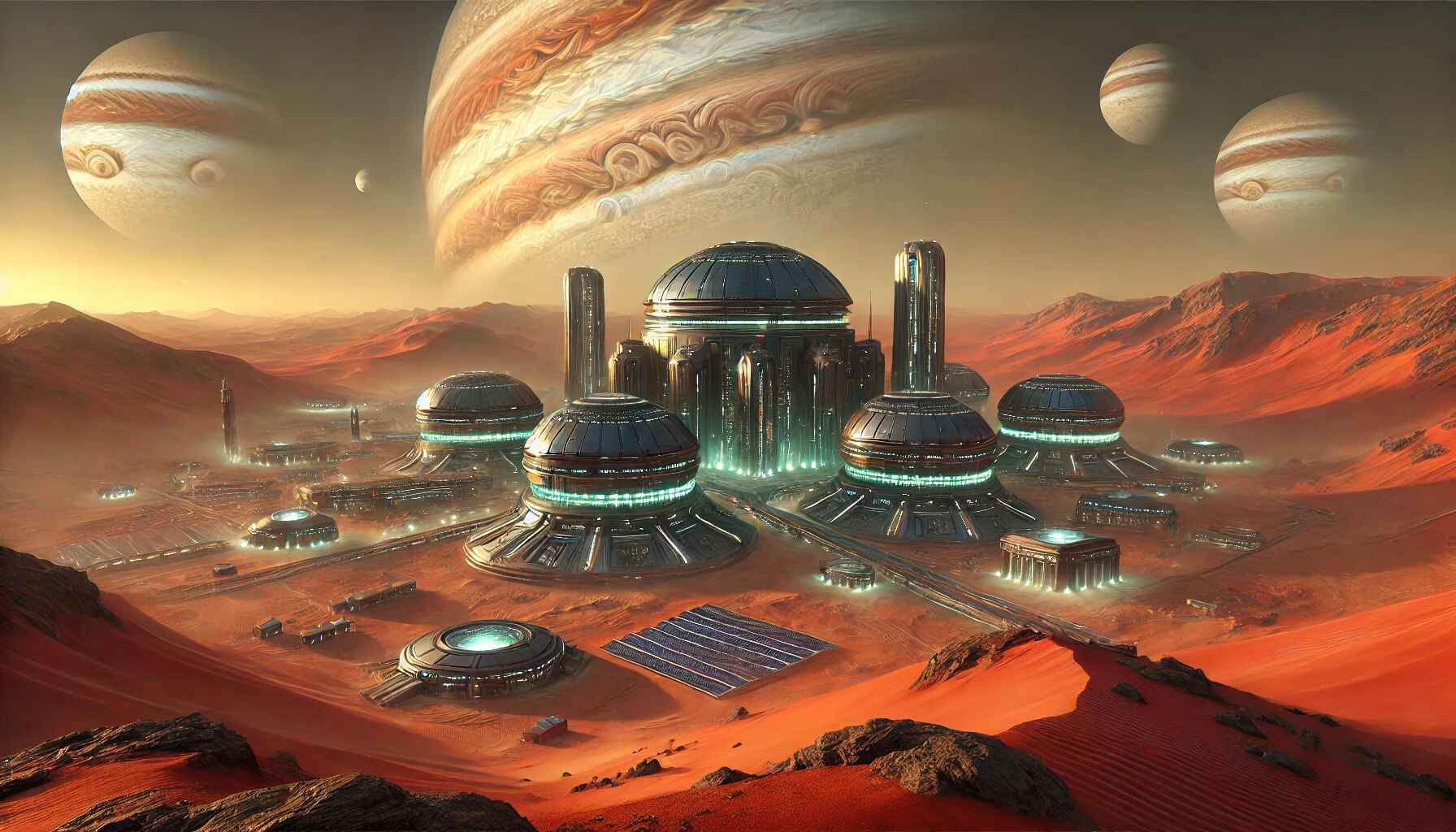 a desert landscape on Jupiter, featuring a futuristic colony bustling with activity under an eerie and mysterious atmosphere