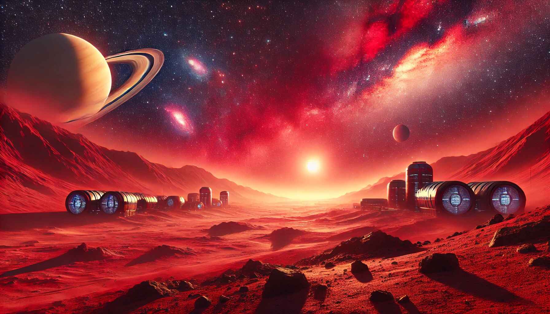 Futuristic cityscape with advanced technology infrastructure and neon lights in a desert setting at dusk