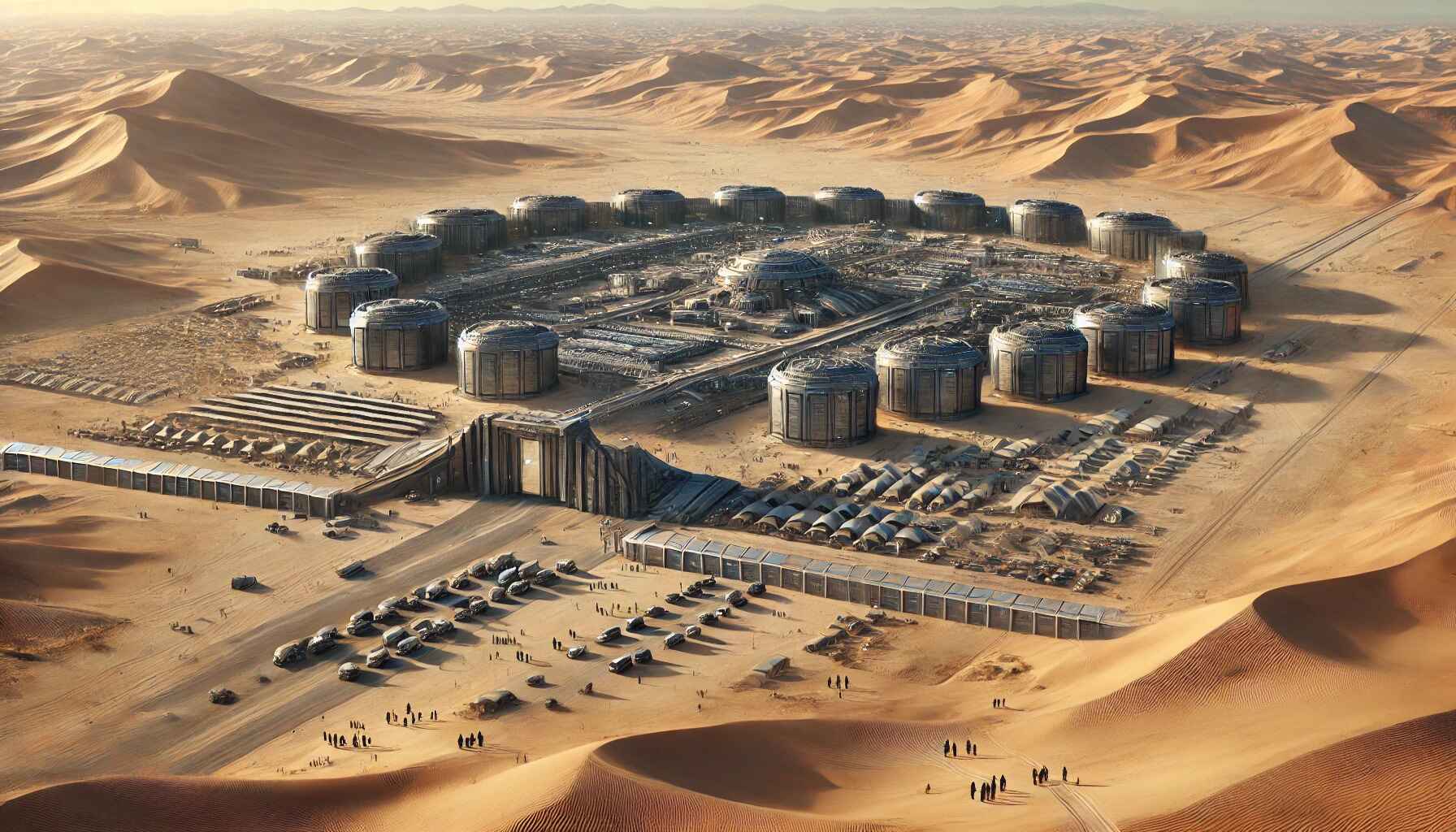 A vast desert landscape with large organized futuristic structures resembling a colony setup