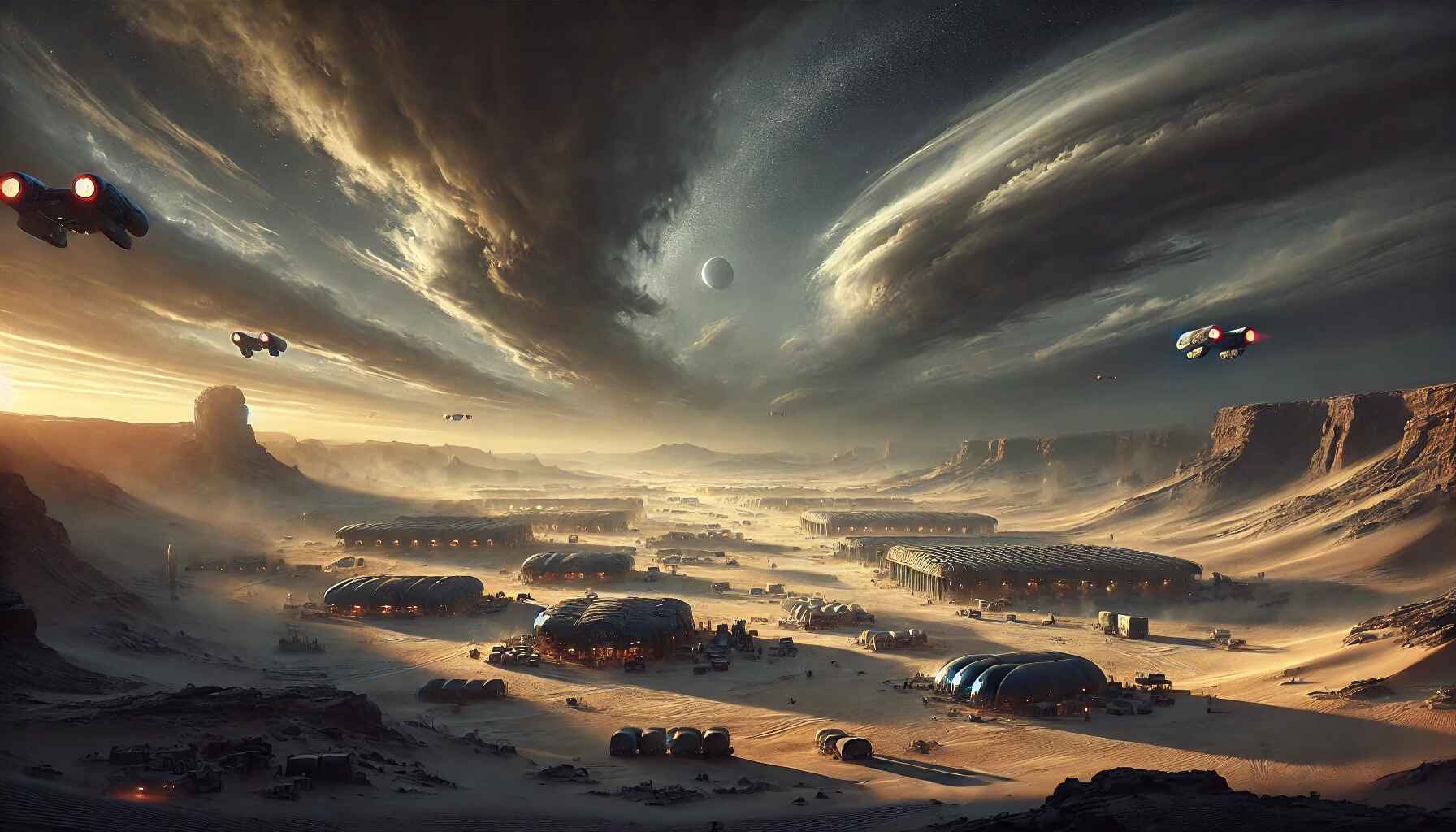 A vast desert landscape with a large, organized encampment of futuristic structures and vehicles, resembling a colony setup