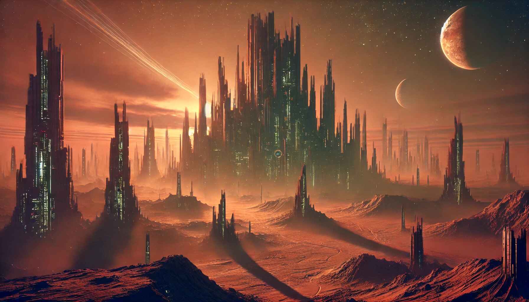 An image of a desolate planet with the haunting remains of an alien metropolis.
