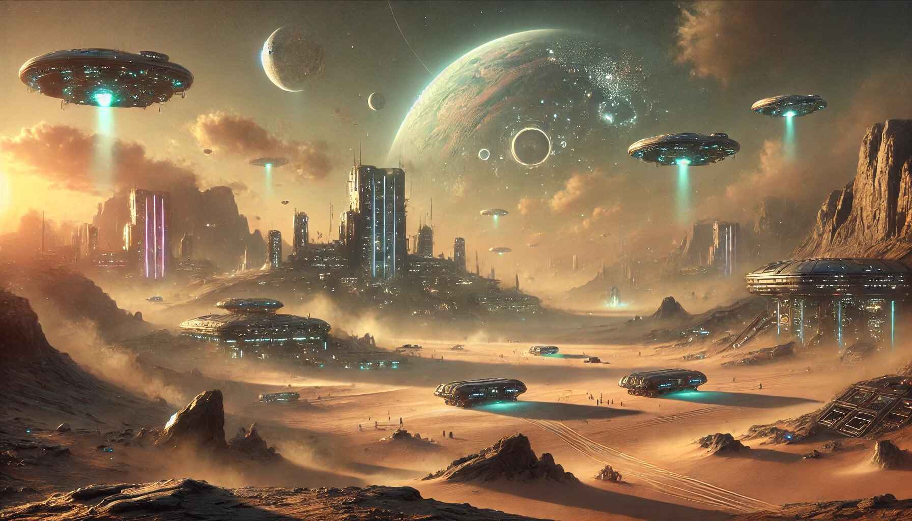 A mysterious desert scene, featuring a magician using a futuristic laptop while observing the landscape