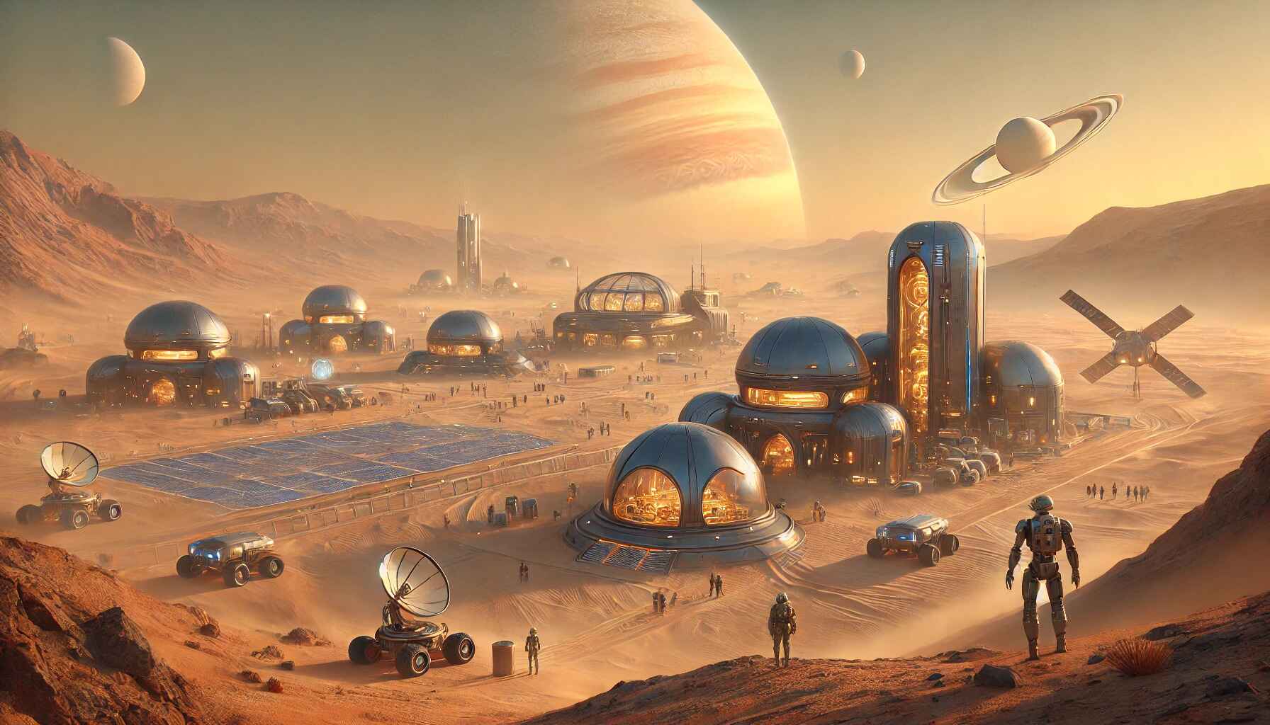 Futuristic cityscape with advanced technology infrastructure and neon lights in a desert setting at dusk