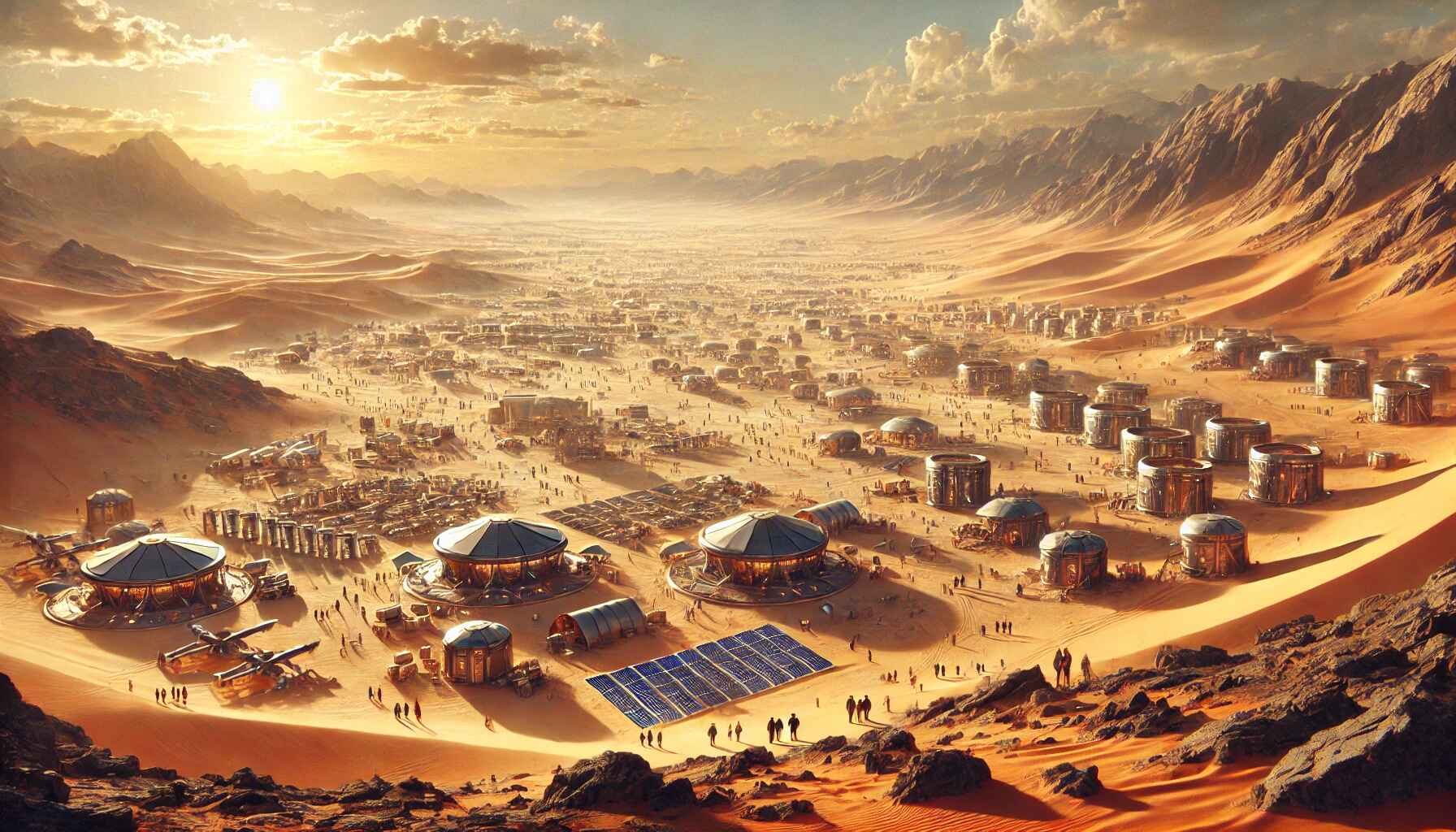 A vast desert landscape with large organized futuristic structures resembling a colony setup