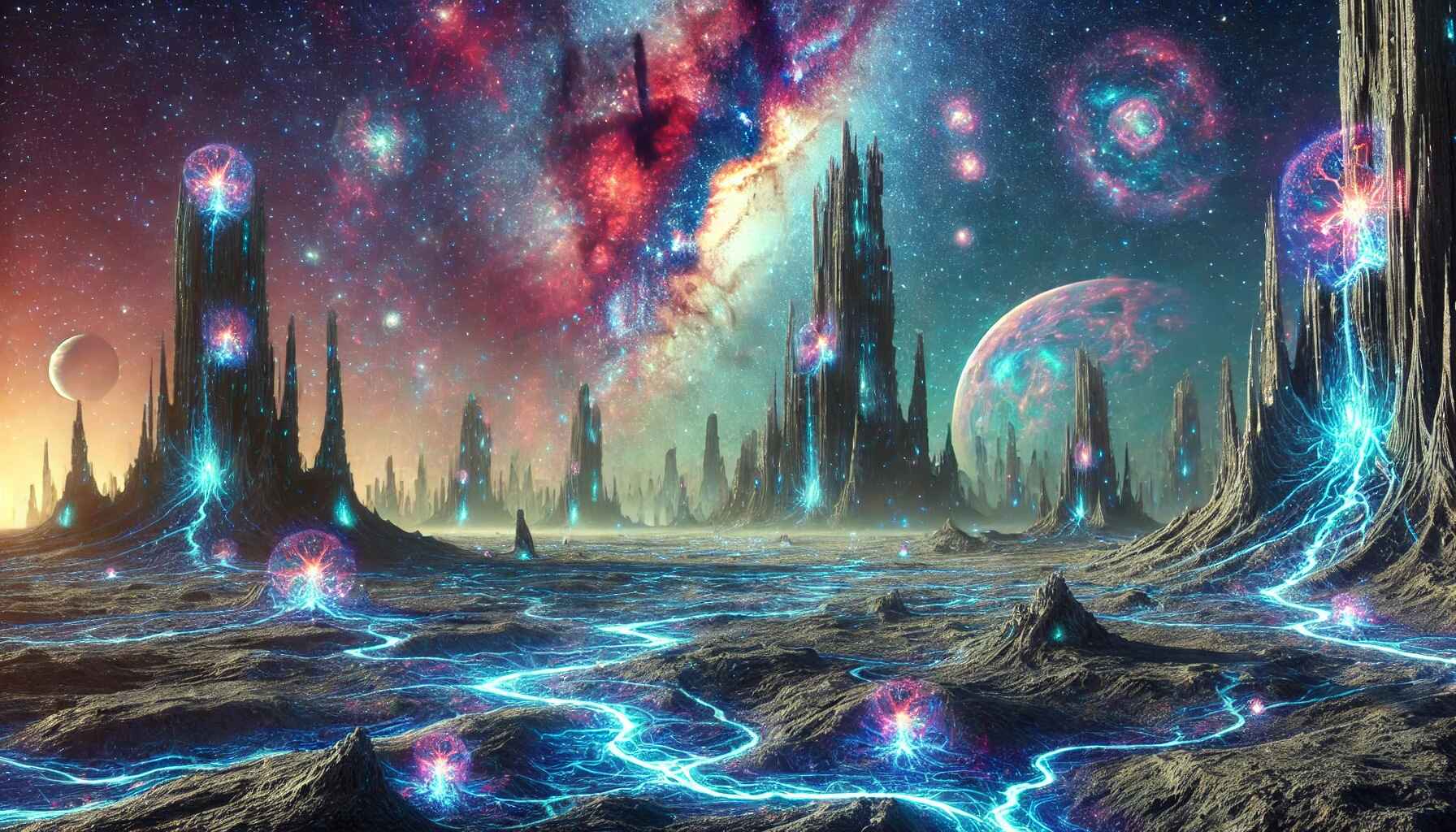 Futuristic cityscape with advanced technology infrastructure and neon lights in a desert setting at dusk