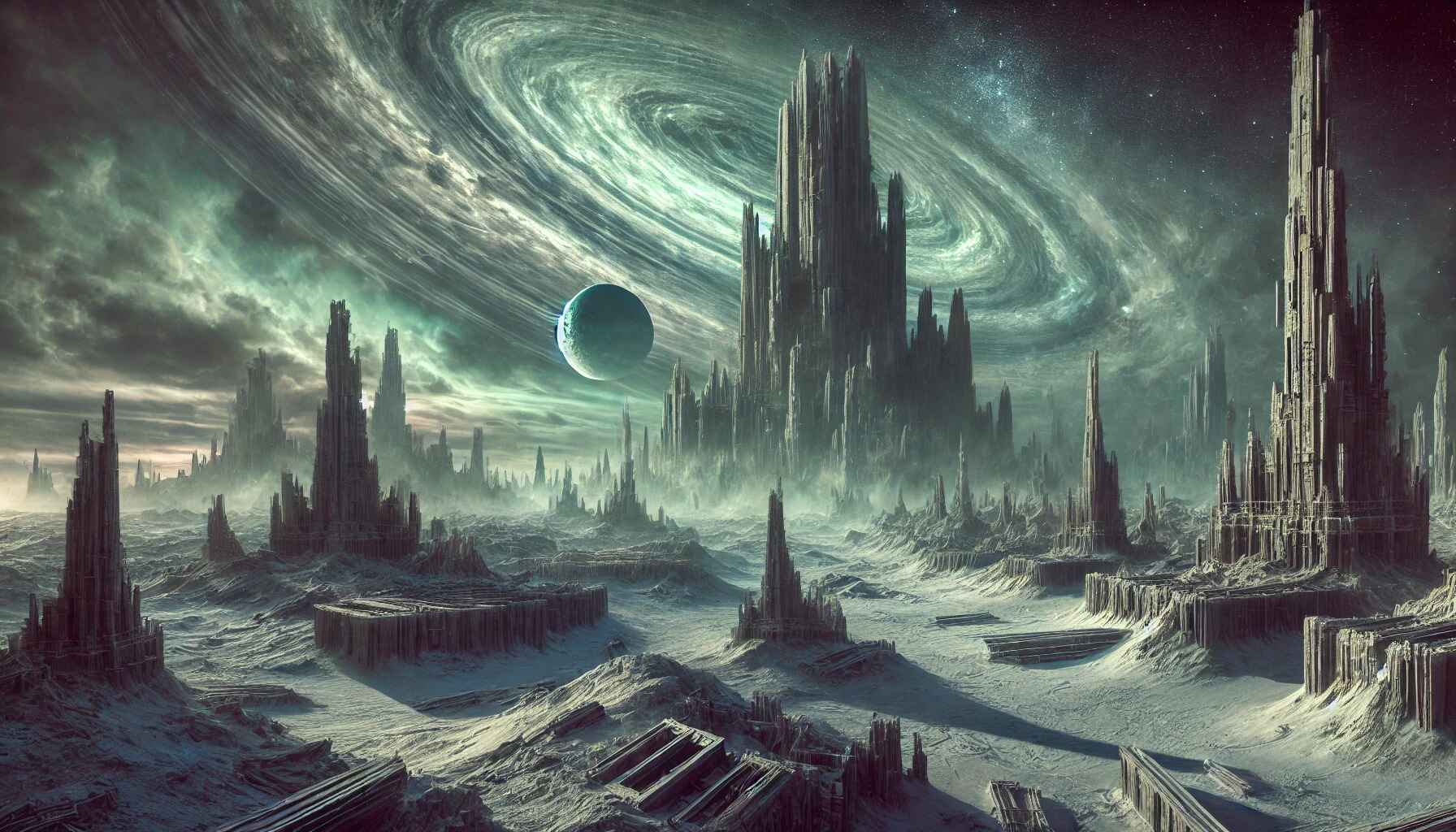 A vast desert landscape with a large, organized encampment of futuristic structures and vehicles, resembling a colony setup