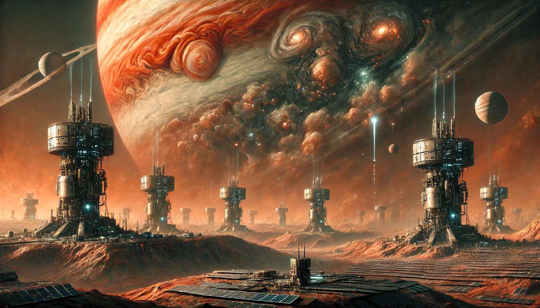 A vast desert landscape with a large, organized encampment of futuristic structures and vehicles, resembling a colony setup