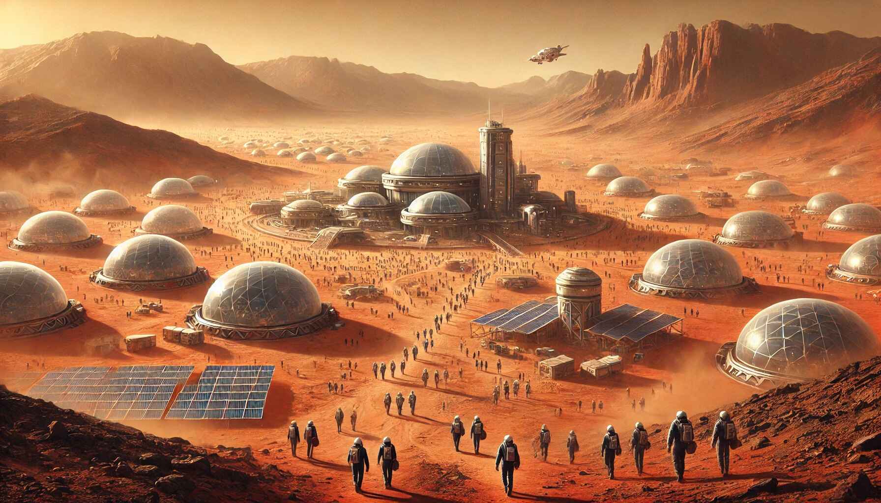 A vast desert landscape with large organized futuristic structures resembling a colony setup