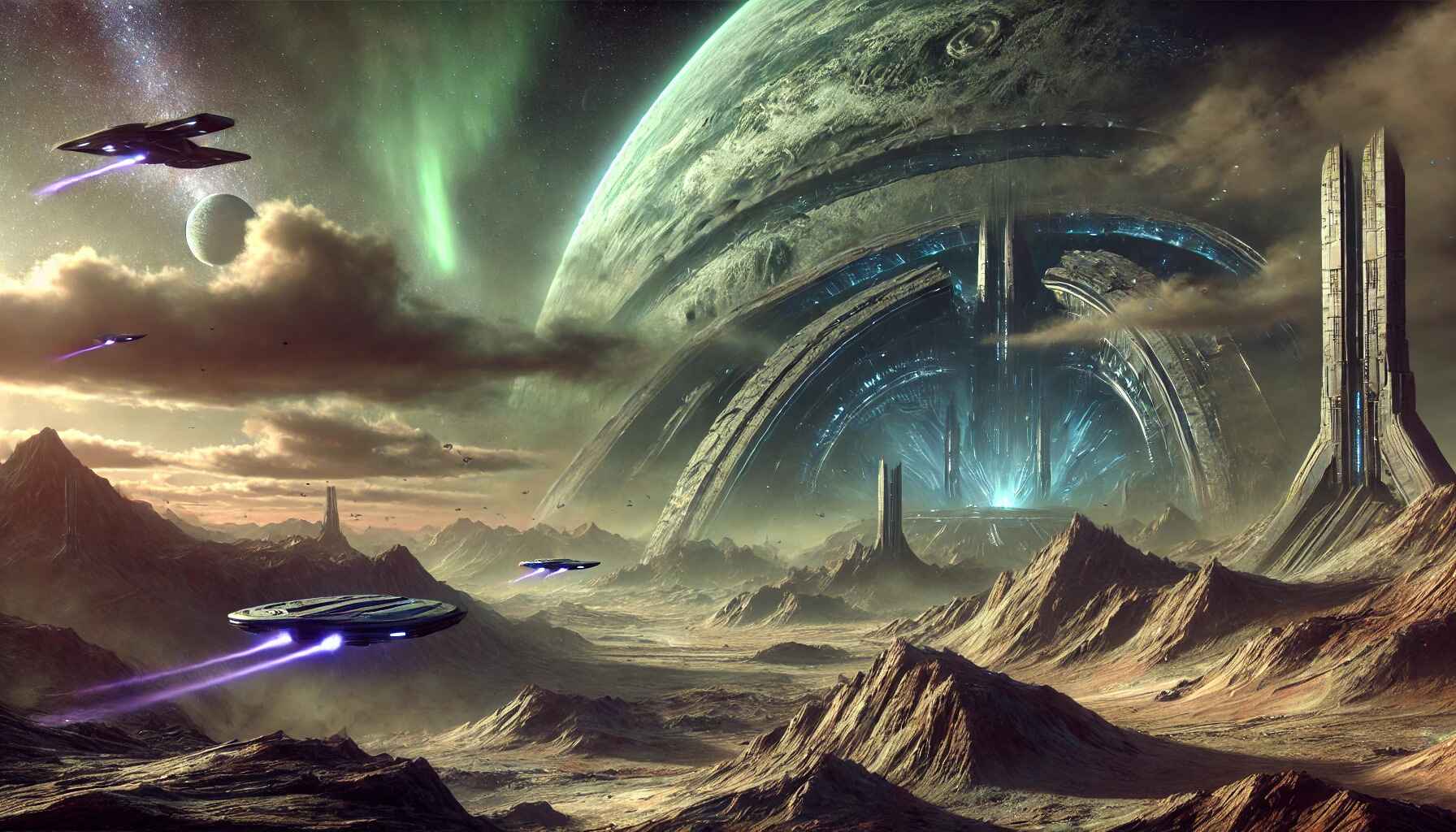 image of the barren, rocky planet with alien megastructures and a cold, eerie atmosphere
