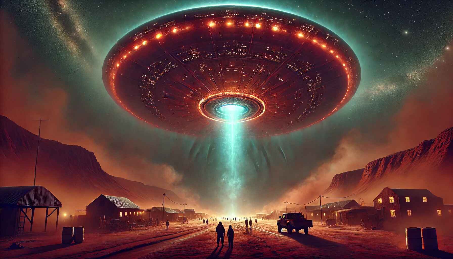 A vast desert landscape with large organized futuristic structures resembling a colony setup