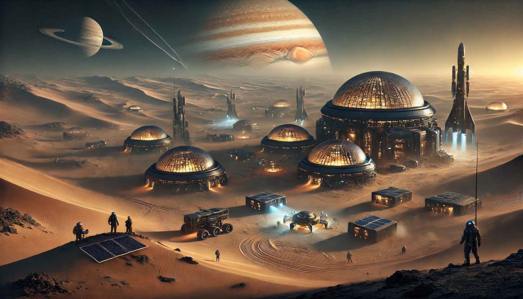 A vast desert landscape with a large, organized encampment of futuristic structures and vehicles, resembling a colony setup