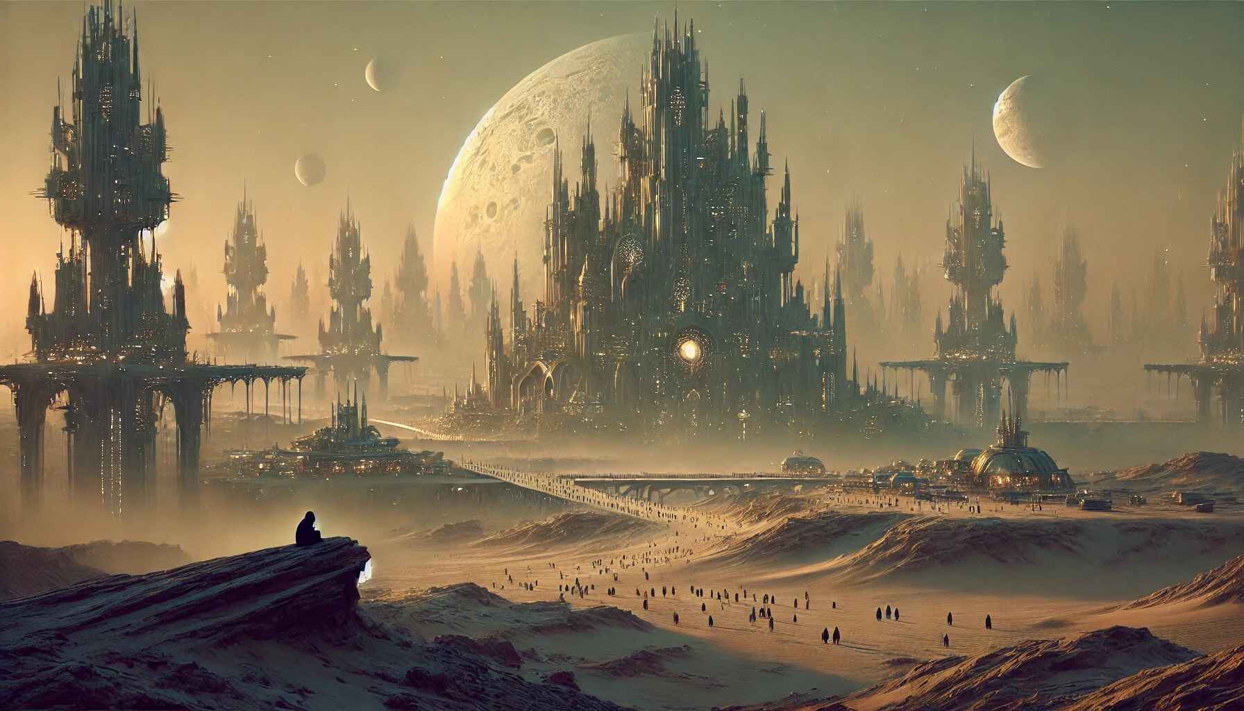 Futuristic desert cityscape at sunset with a central towering structure, rows of spherical buildings, and crowds of people