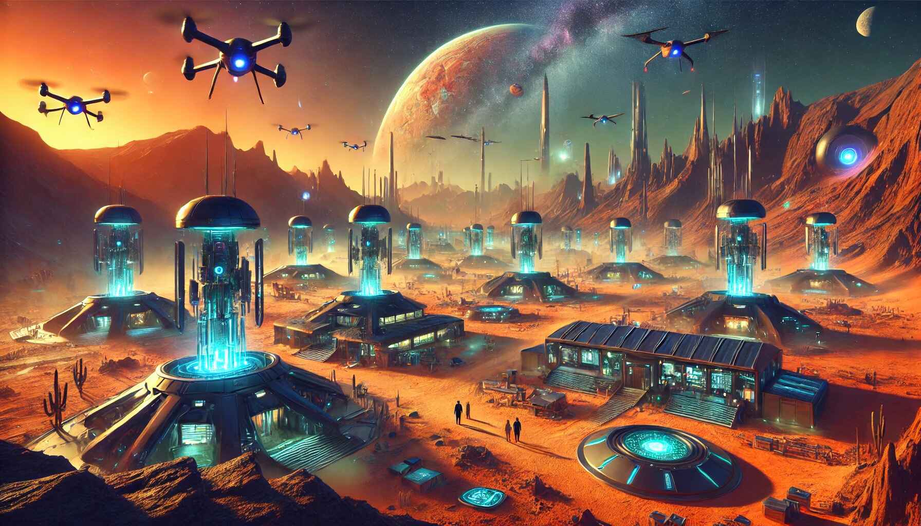 A vast desert landscape with large organized futuristic structures resembling a colony setup