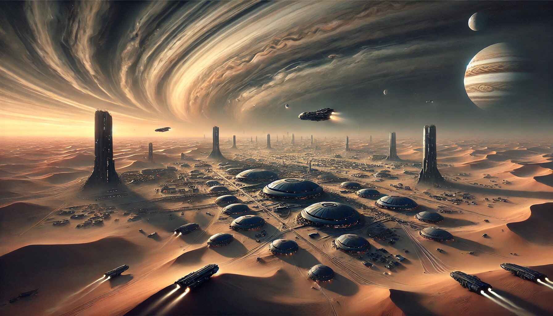 A vast desert landscape with a large, organized encampment of futuristic structures and vehicles, resembling a colony setup