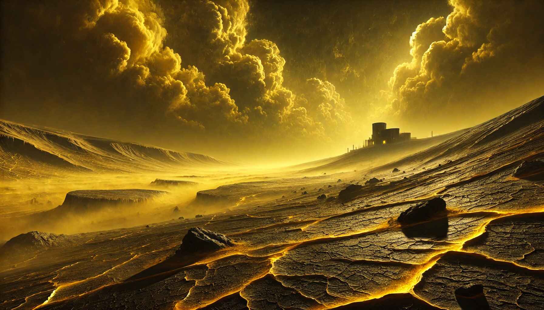 A vast desert landscape with large organized futuristic structures resembling a colony setup