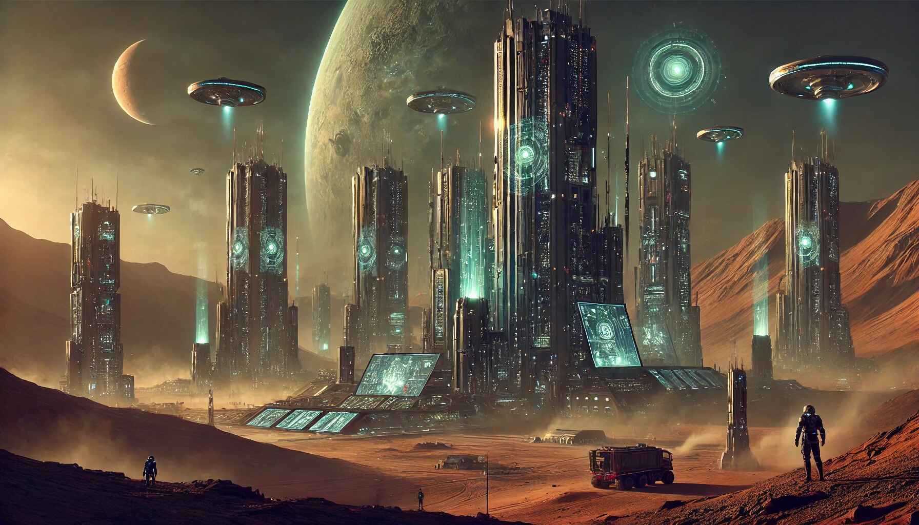 A vast desert landscape with large organized futuristic structures resembling a colony setup