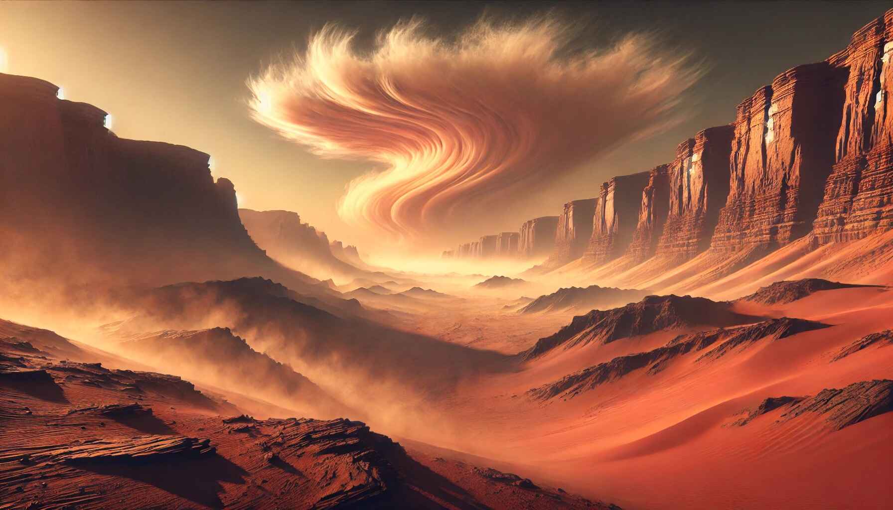 A vast desert landscape with large organized futuristic structures resembling a colony setup