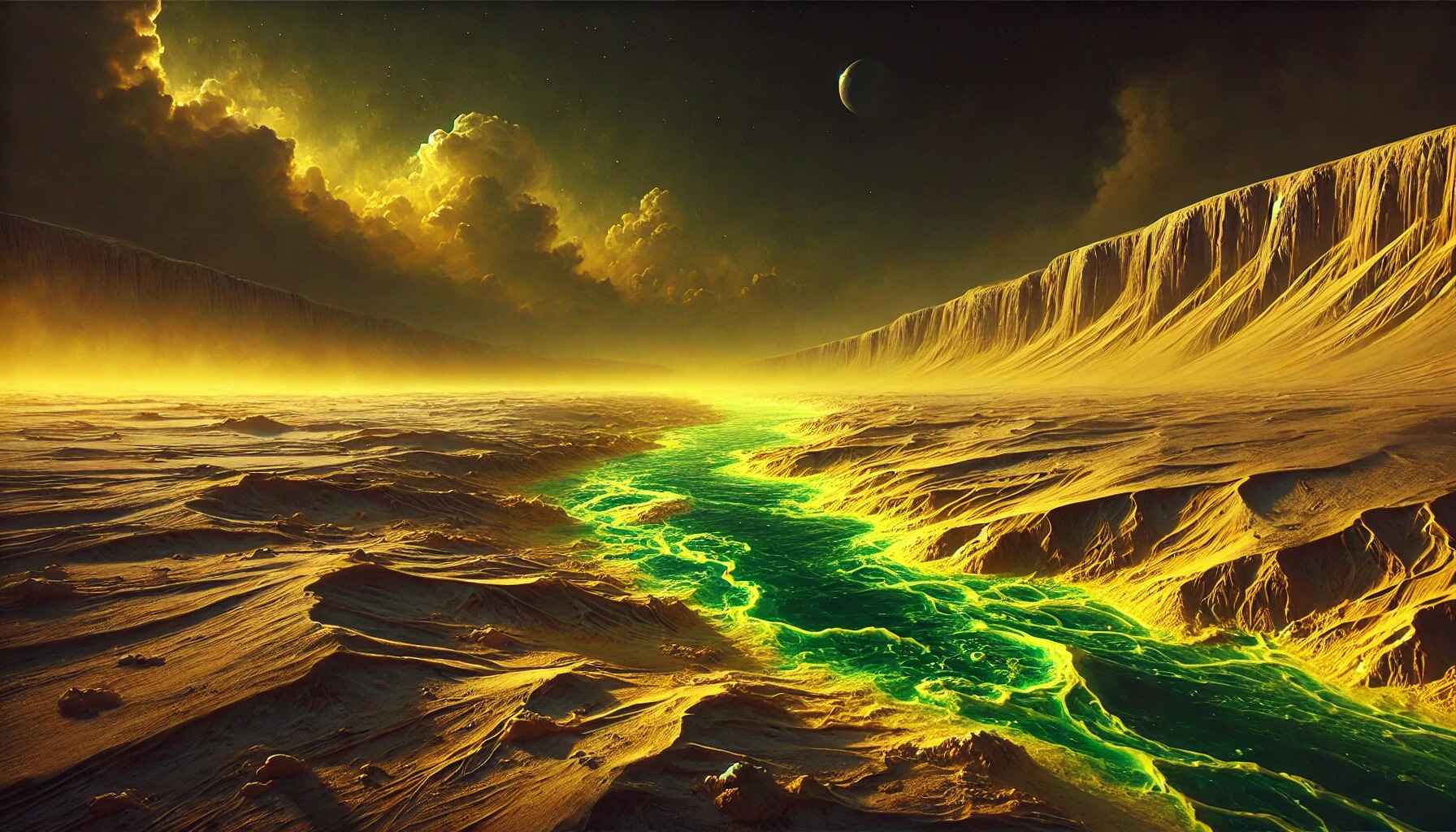 A vast desert landscape with a large, organized encampment of futuristic structures and vehicles, resembling a colony setup