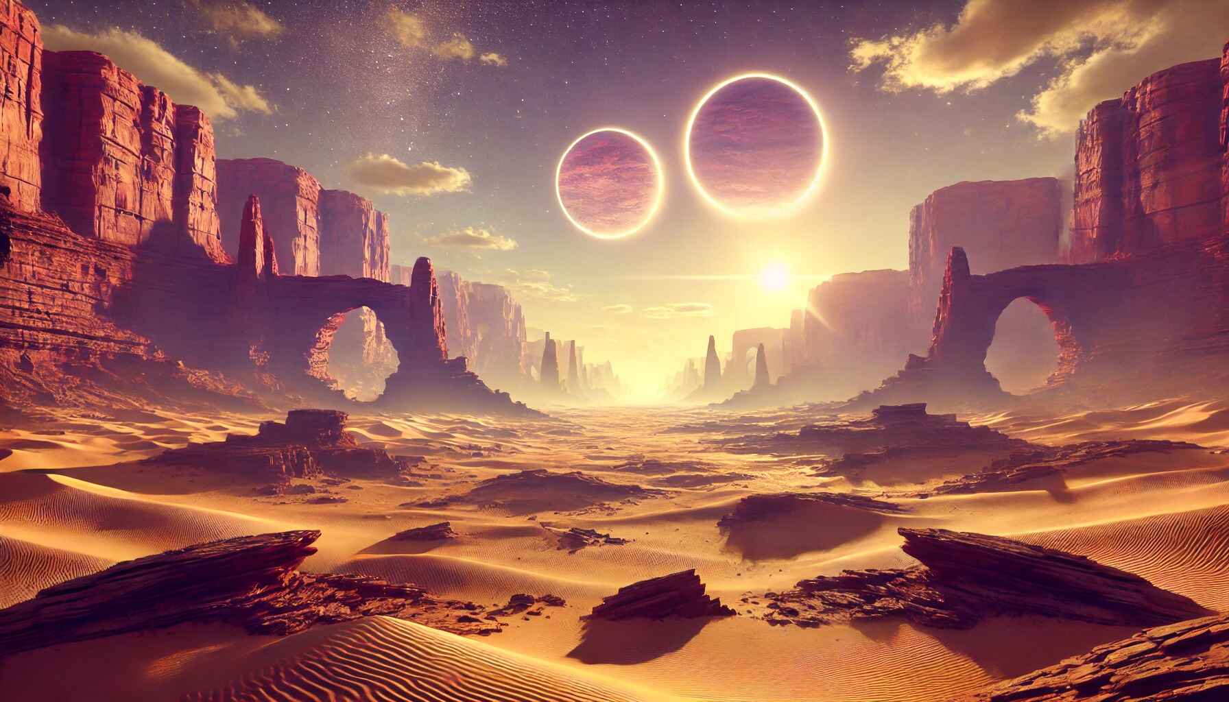 A vast desert landscape with large organized futuristic structures resembling a colony setup