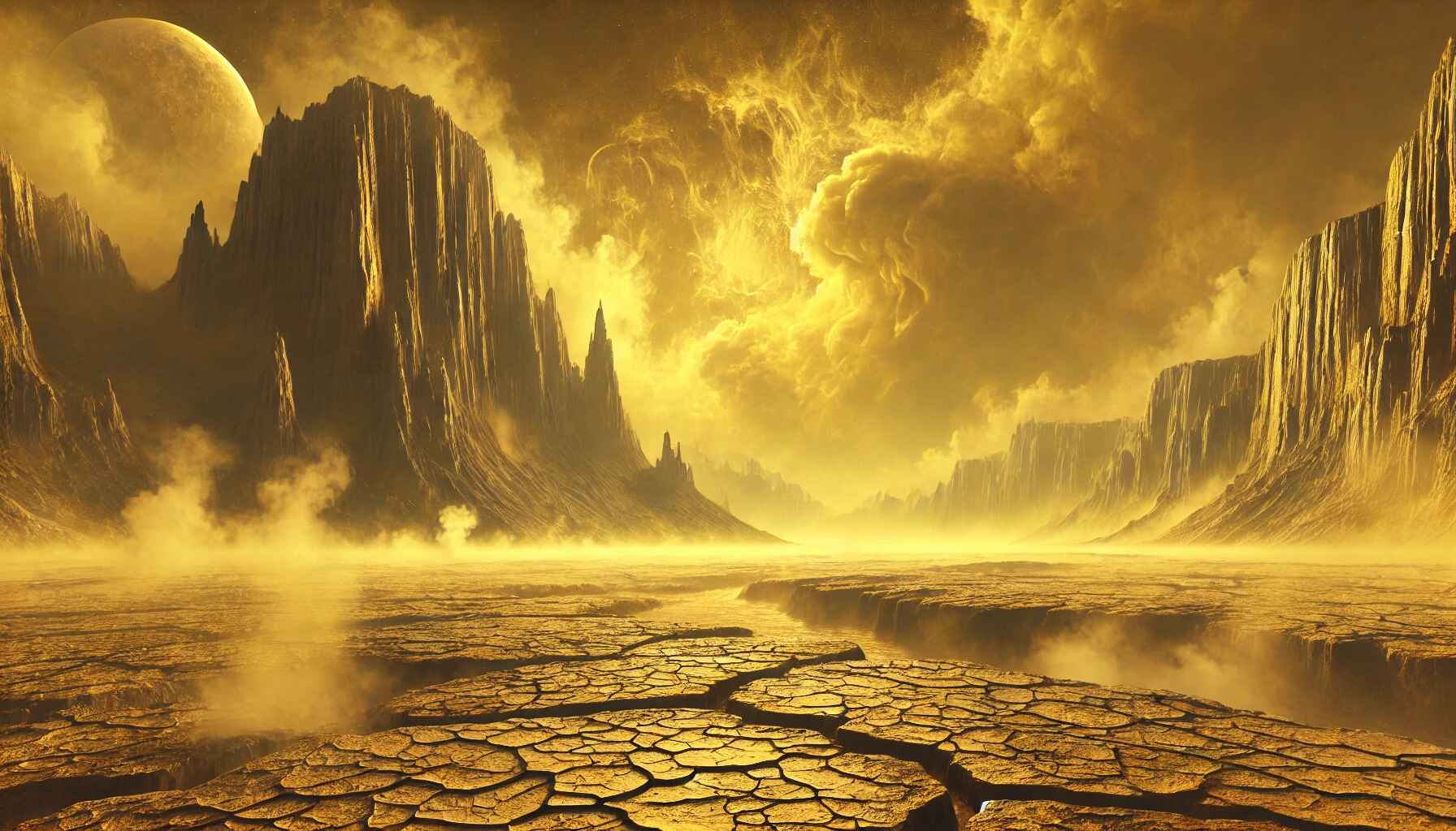 A vast desert landscape with large organized futuristic structures resembling a colony setup