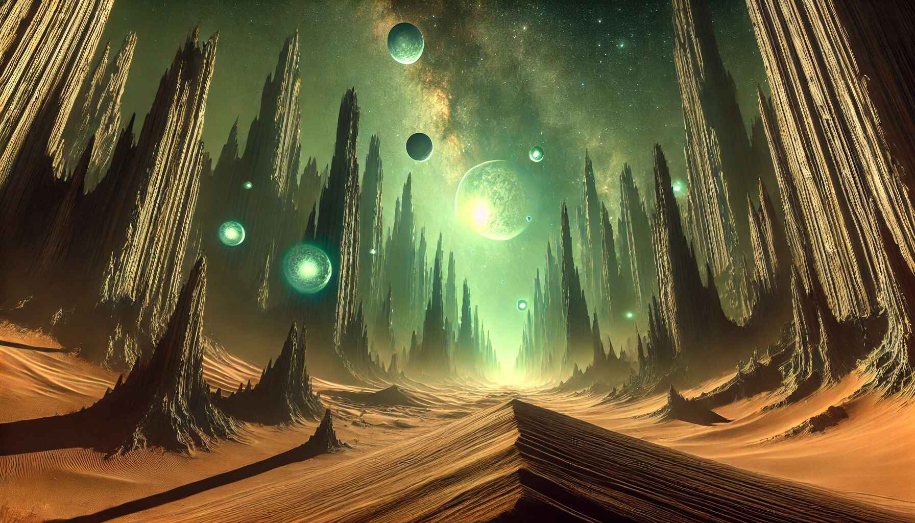 Futuristic cityscape with advanced technology infrastructure and neon lights in a desert setting at dusk