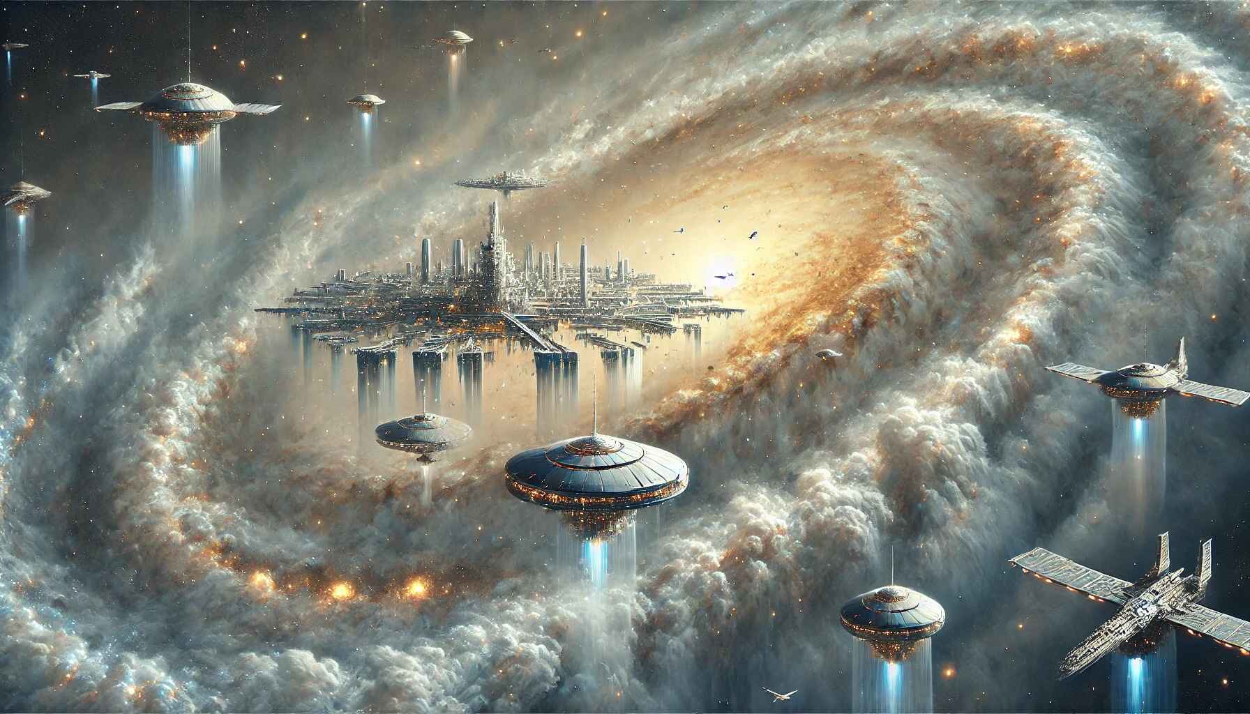 An image of a galaxy featuring a thriving space colony filled with people and futuristic structures
